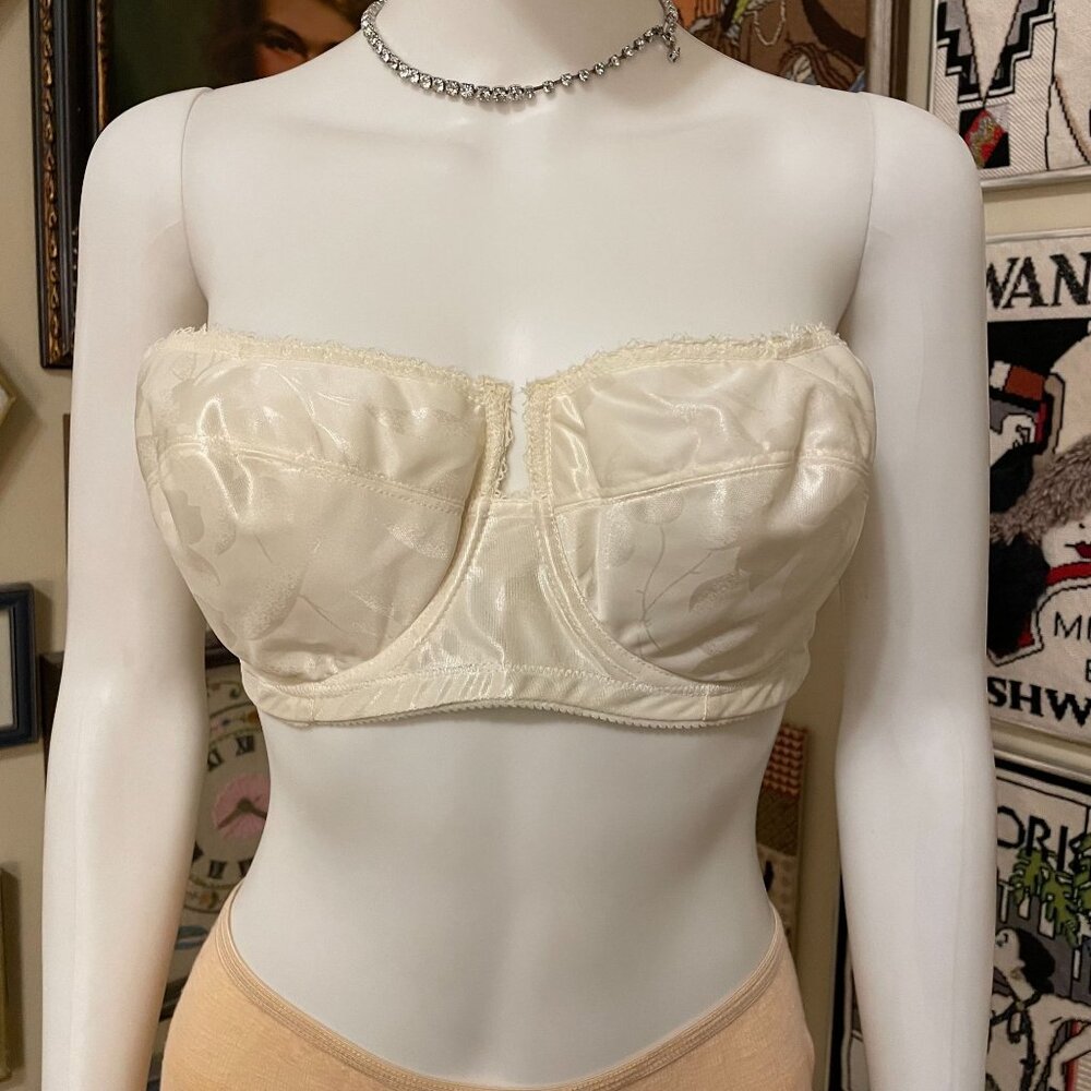 Vintage Young Smoothie Ivory Satin Jacquard Strapless Underwire Bra Size 36D